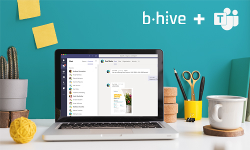 A laptop sits open on a desk with Microsoft Teams & b-hive visible. 