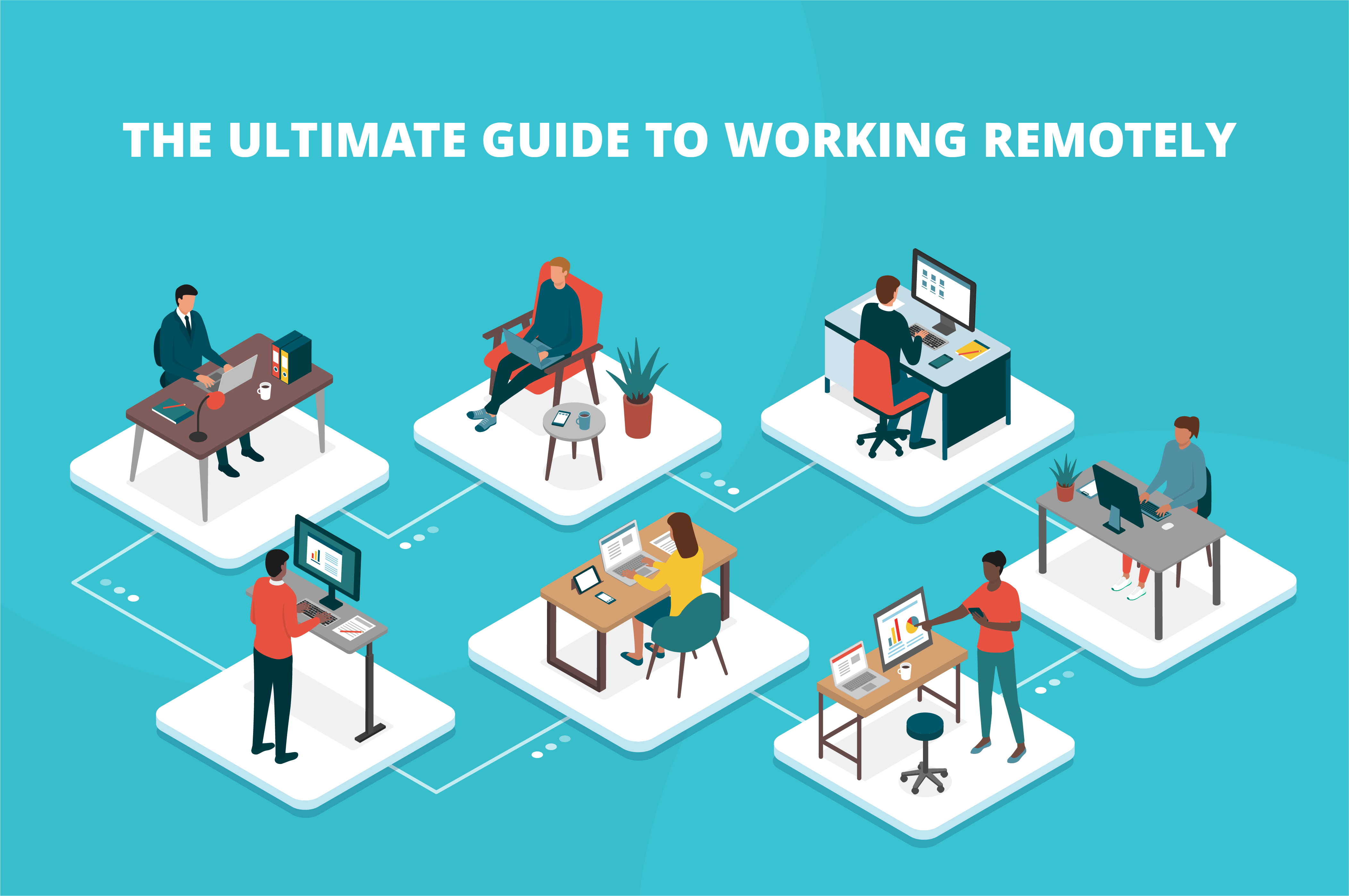 An illustration of employees sitting at desks and collaborating, while working remotely.