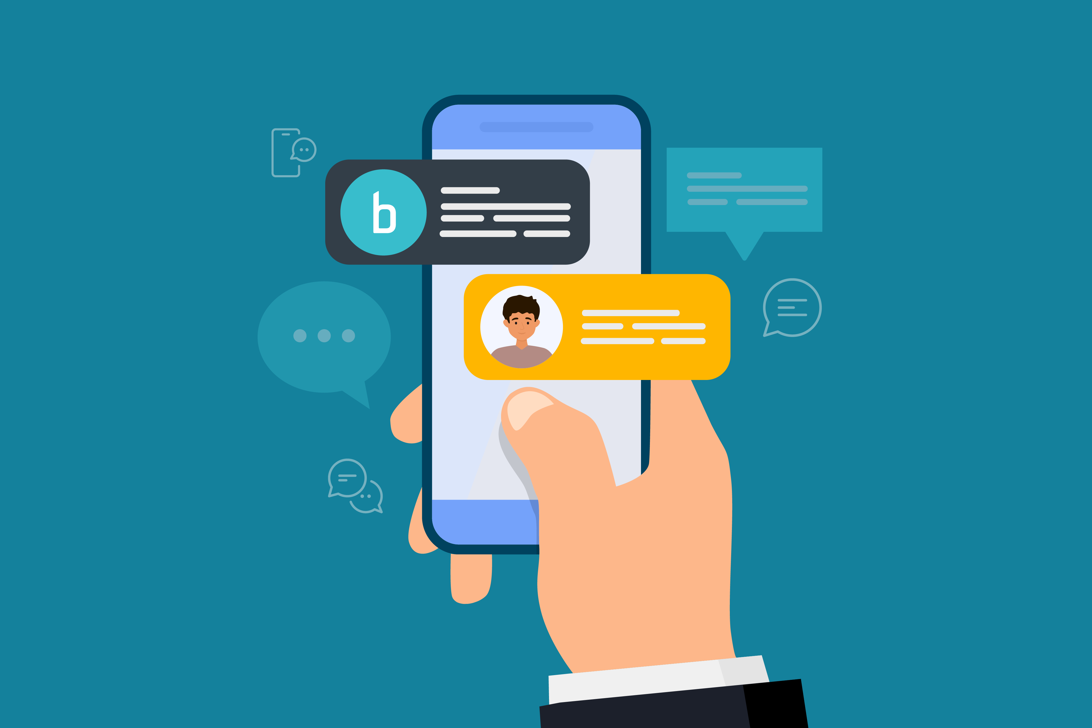 An illustration of a hand holding a phone showing a business and customer text messaging.