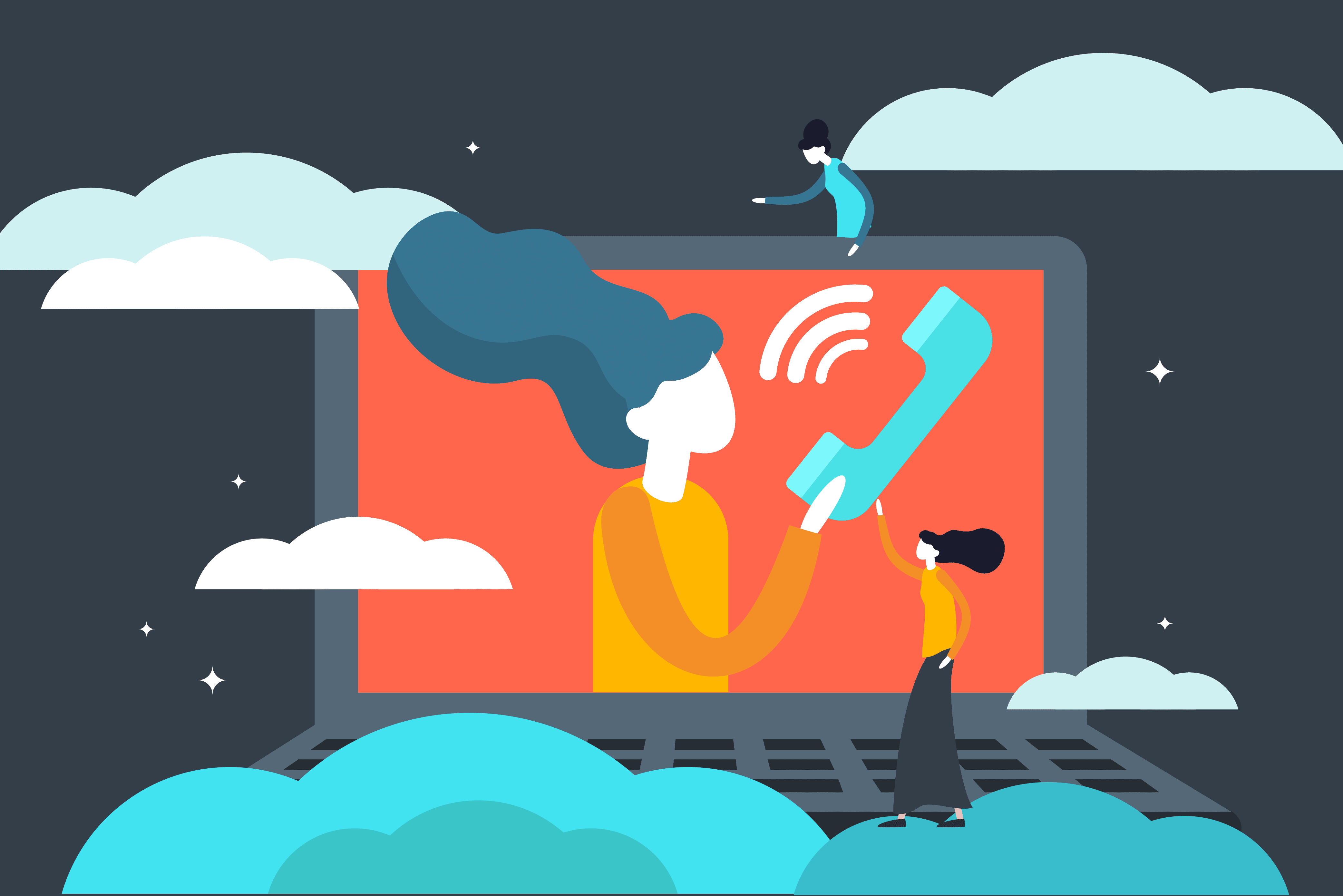 illustration of woman on computer screen on top of a cloud