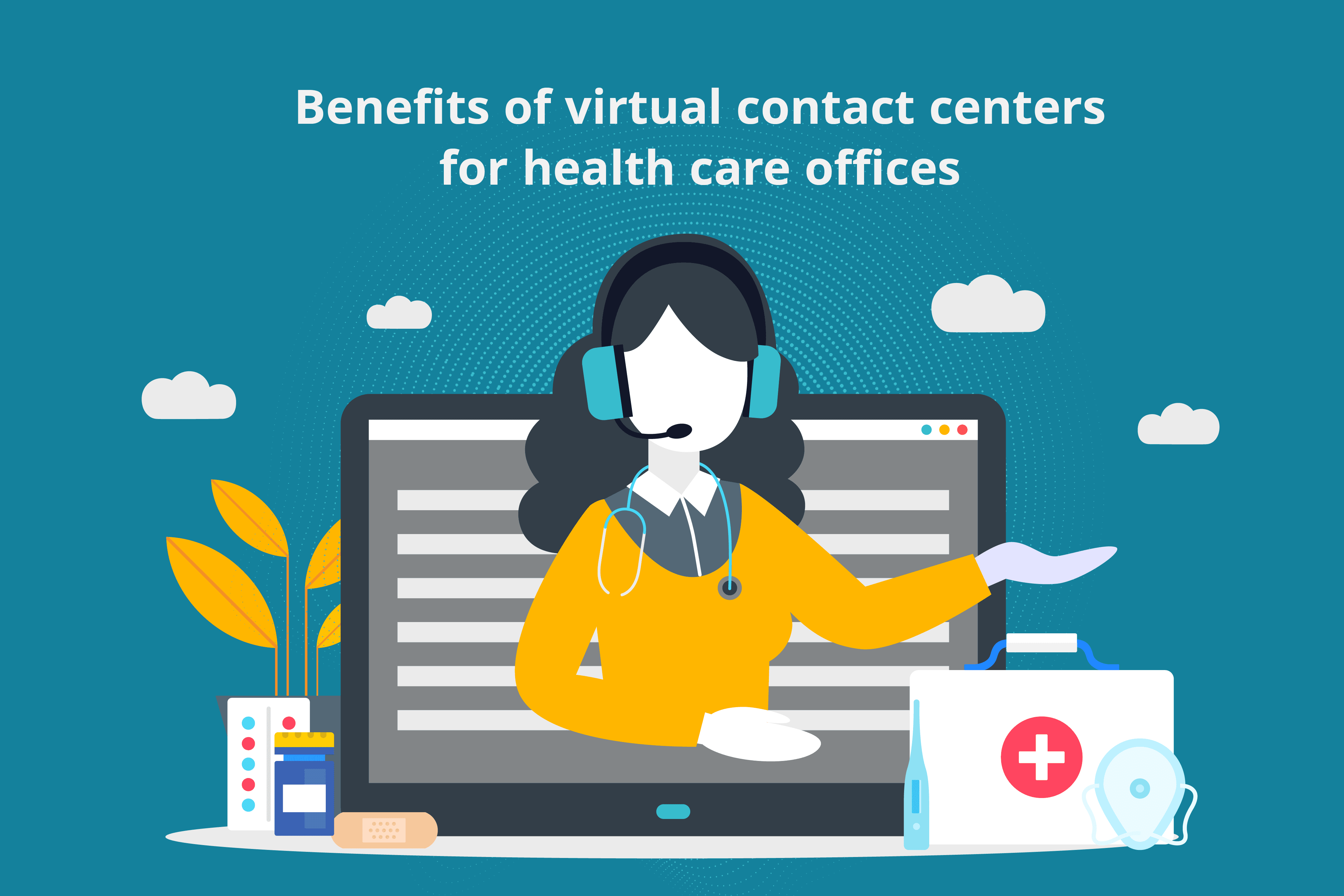 An illustration of a call center employee talking on the phone.
