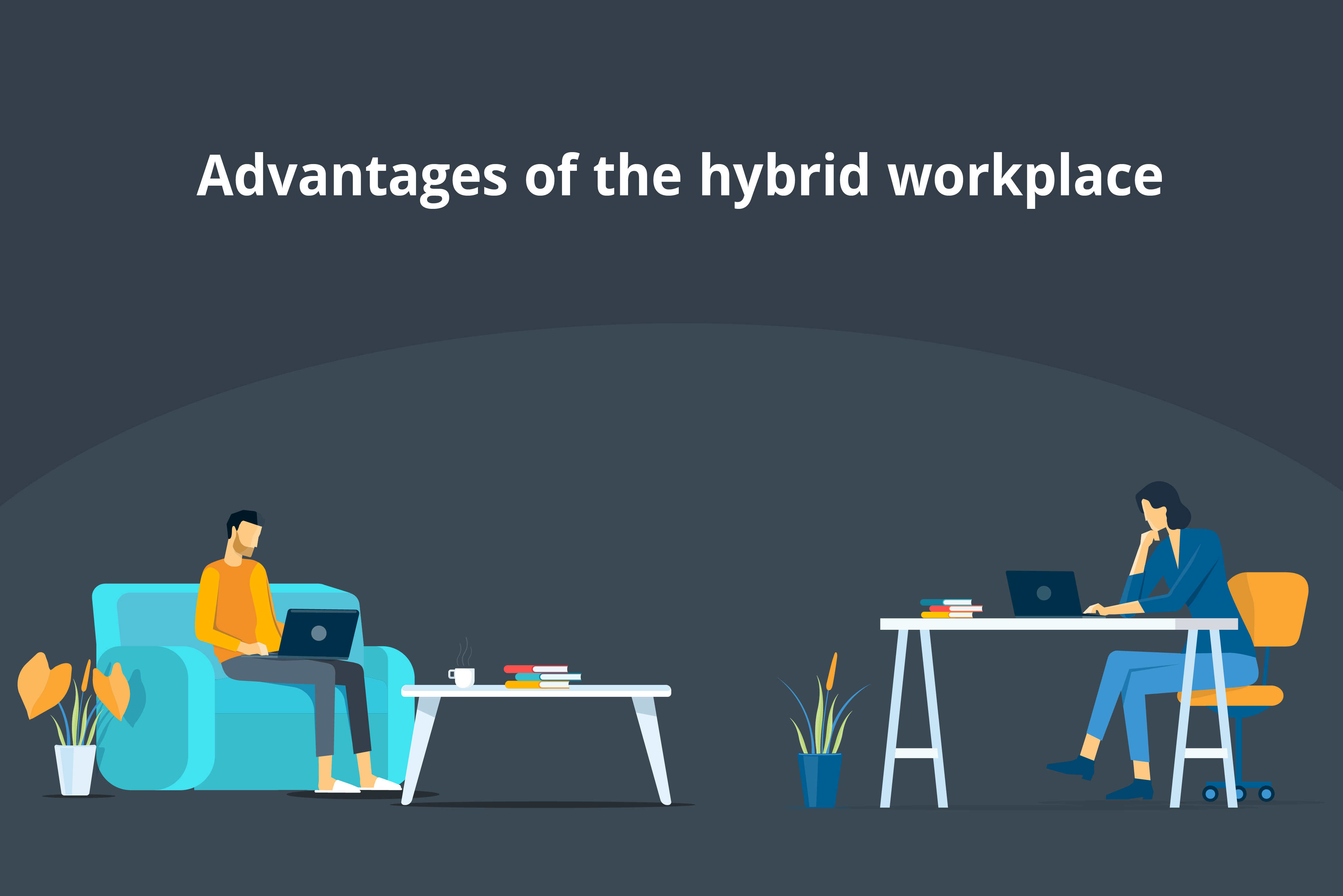 An employee works at their desk in office and another employee works from home.