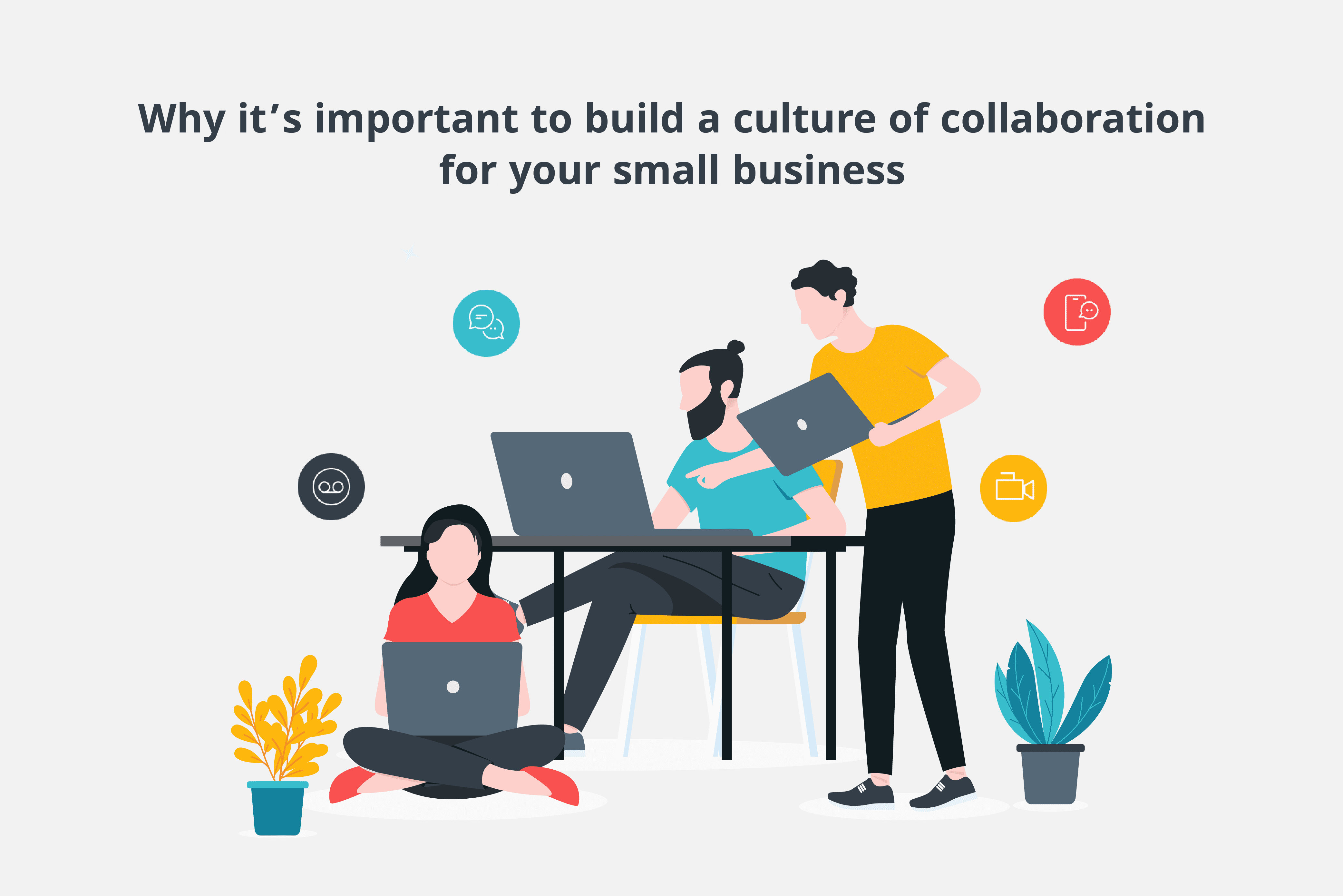 Employees stand around a desk collaborating with one another.