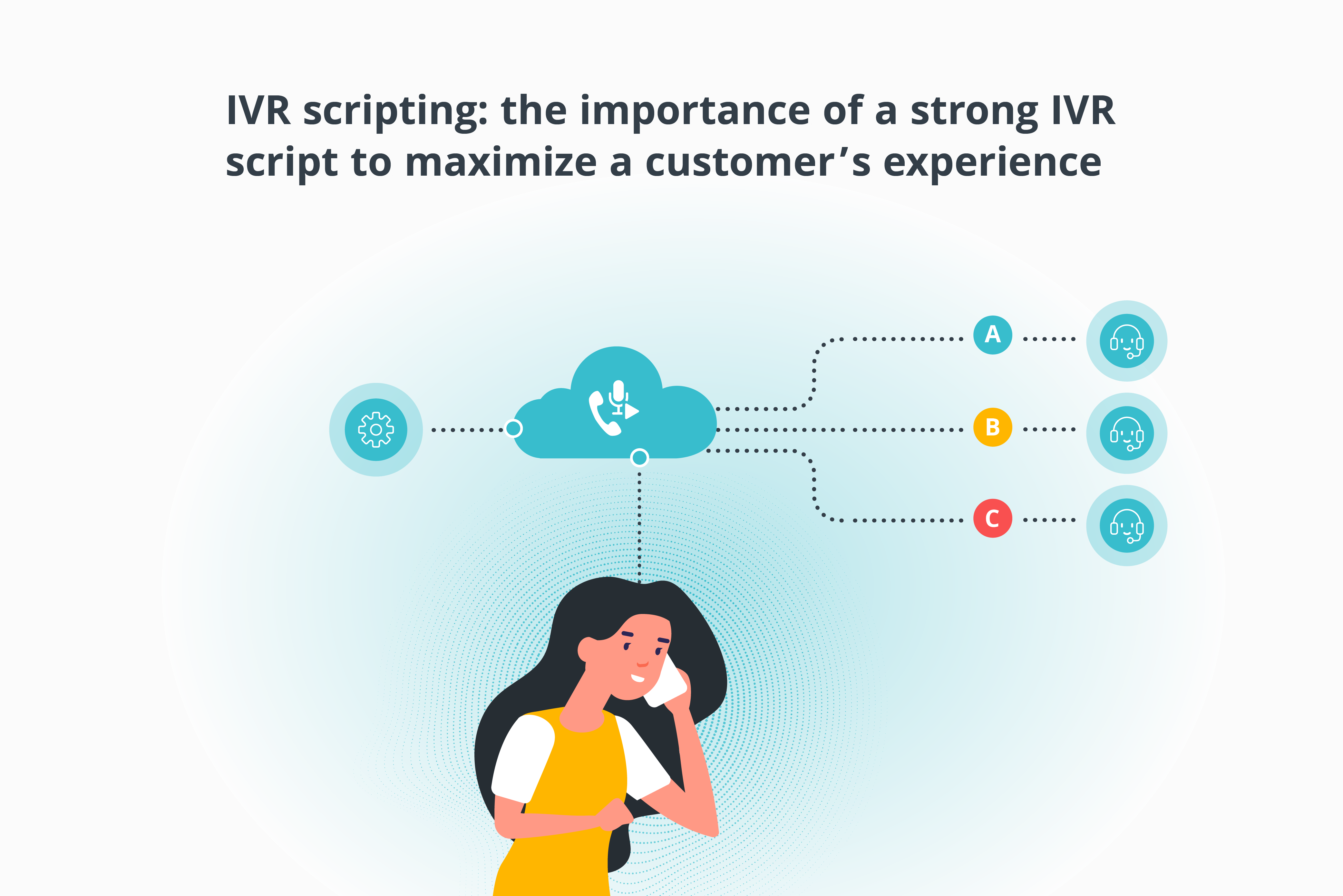 A customer listens to the IVR script while calling a business.