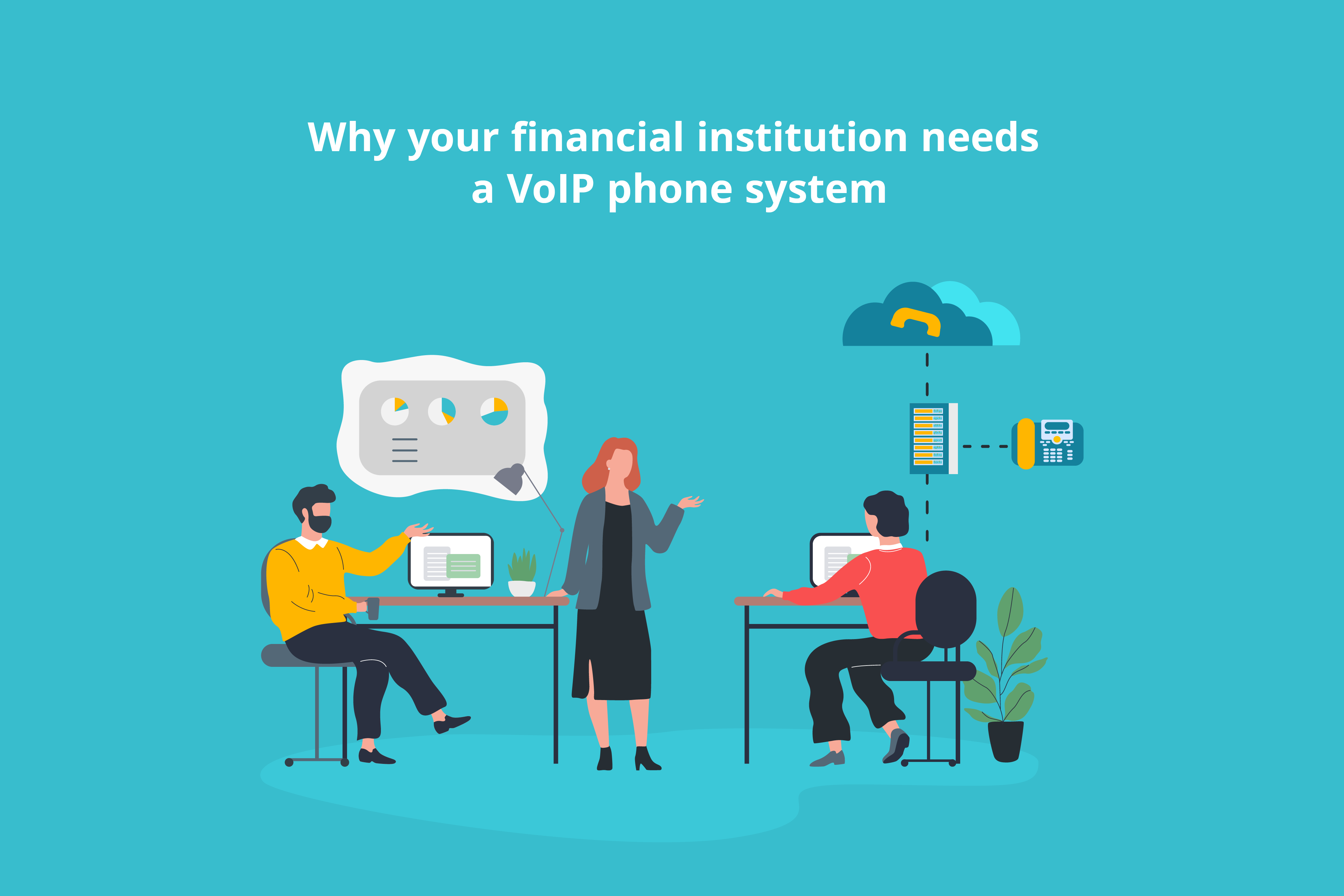 Finance office using a VoIP phone system to communicate.